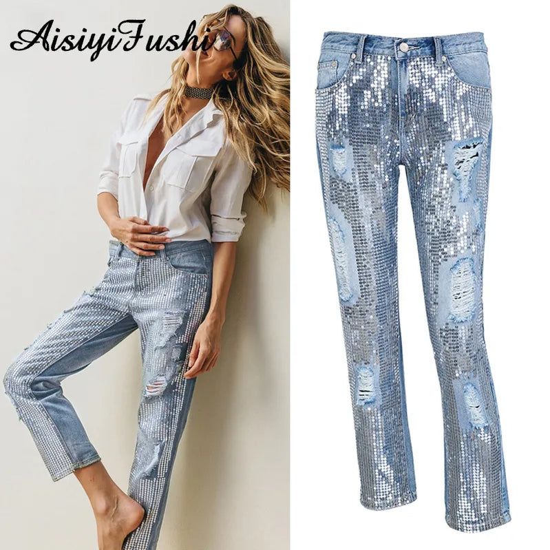 Sequin Ripped Jeans For Women Bottom Streetwear  Hole Zipper Fringe Ripped Jeans Pants Women's Denim Trousers Loose Female