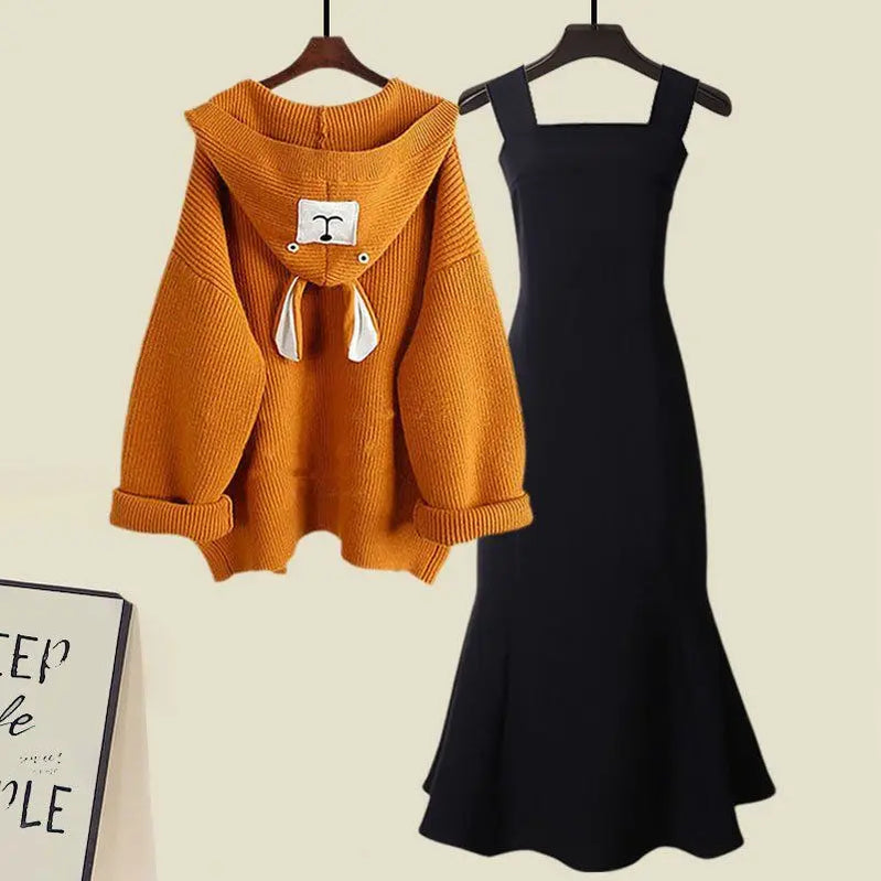 Autumn/Winter New Fashion Hooded Knit Sweater Dress Two Piece Suit Women's Korean Elegant Cardigan Strap Skirt Matching Set Set 03