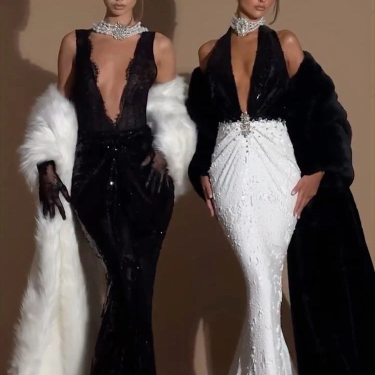 VC Alluring Black Sequin Deep V Neck Backless Lace Design Mermaid Dress for Party Dinner Evening Gown