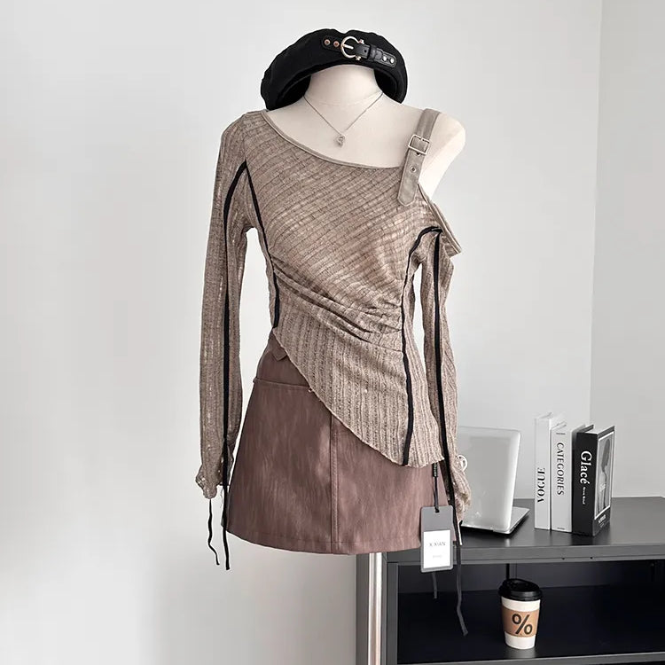 Autumn Woman Irregular Design Jerseys Gyaru Long Sleeve Cropped Tops Slash Neck Pullovers Y2k Streetwear 2000s Aesthetic Vintage