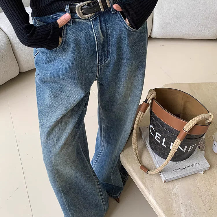 Spring Women's Casual Style Harajuku Jeans Vintage High Waist Oversized Blue Pants Y2K Wide Leg Punk Baggy Denim Trouser