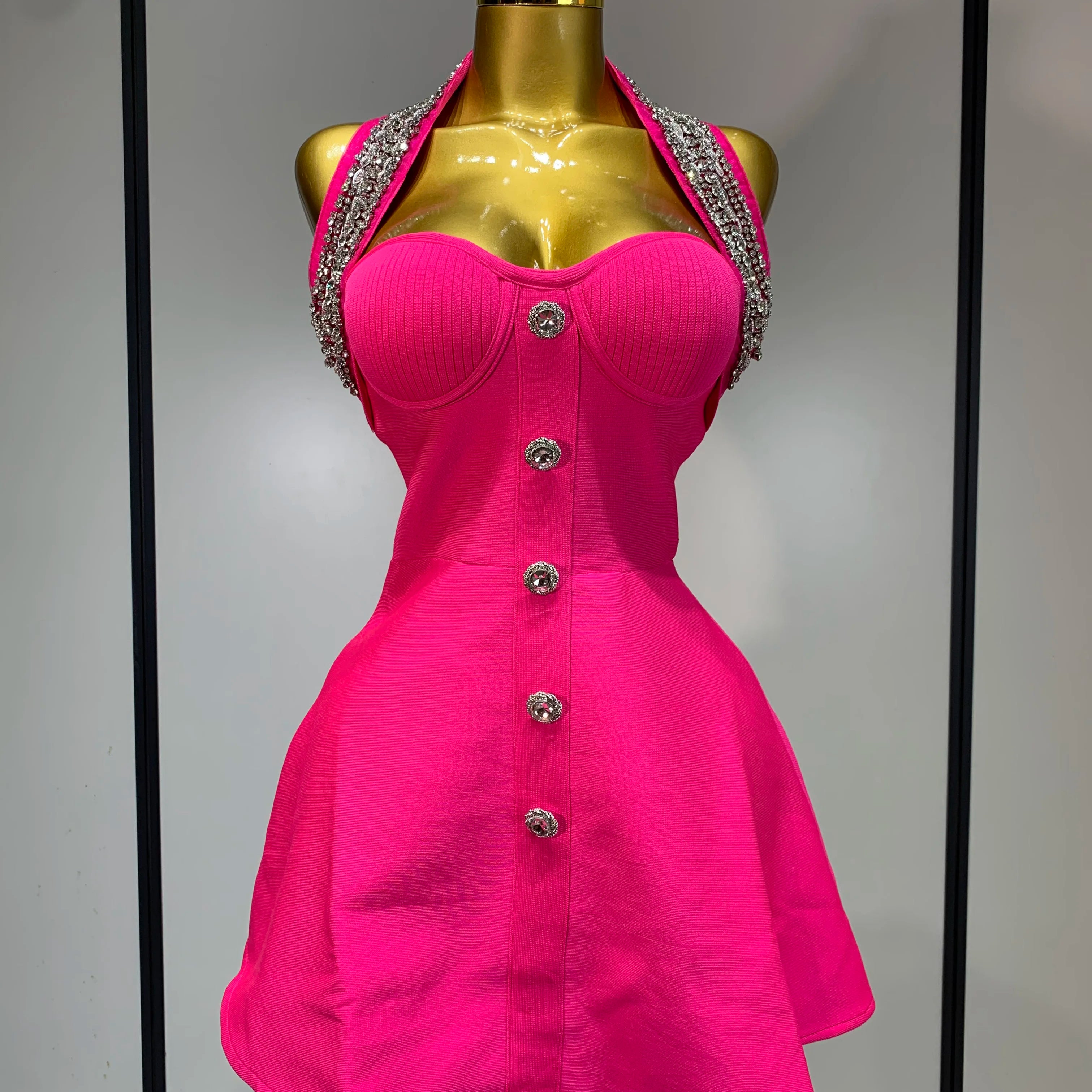 Fashion Women Luxury Party Dress Halter Sleeveless Backless Sparkly Rhinestone Bandage Dresses 2025 Elegant Evening Club Wear