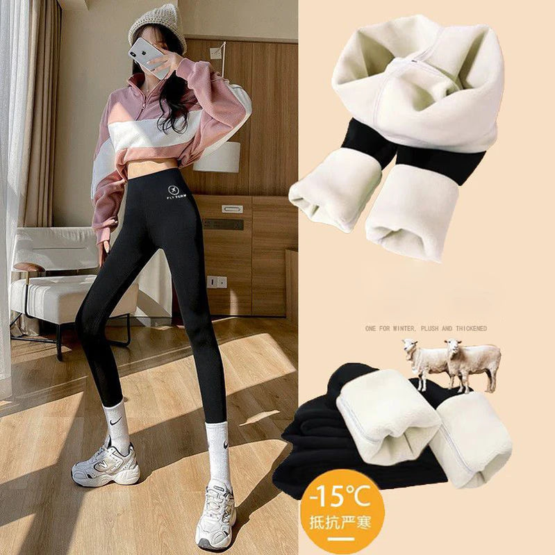 Women Winter Leggings Plush Up Thermal Waist Lamb Fleece Tight Warm Trousers Casual Cashmere Pants for Women High Waist black Plush