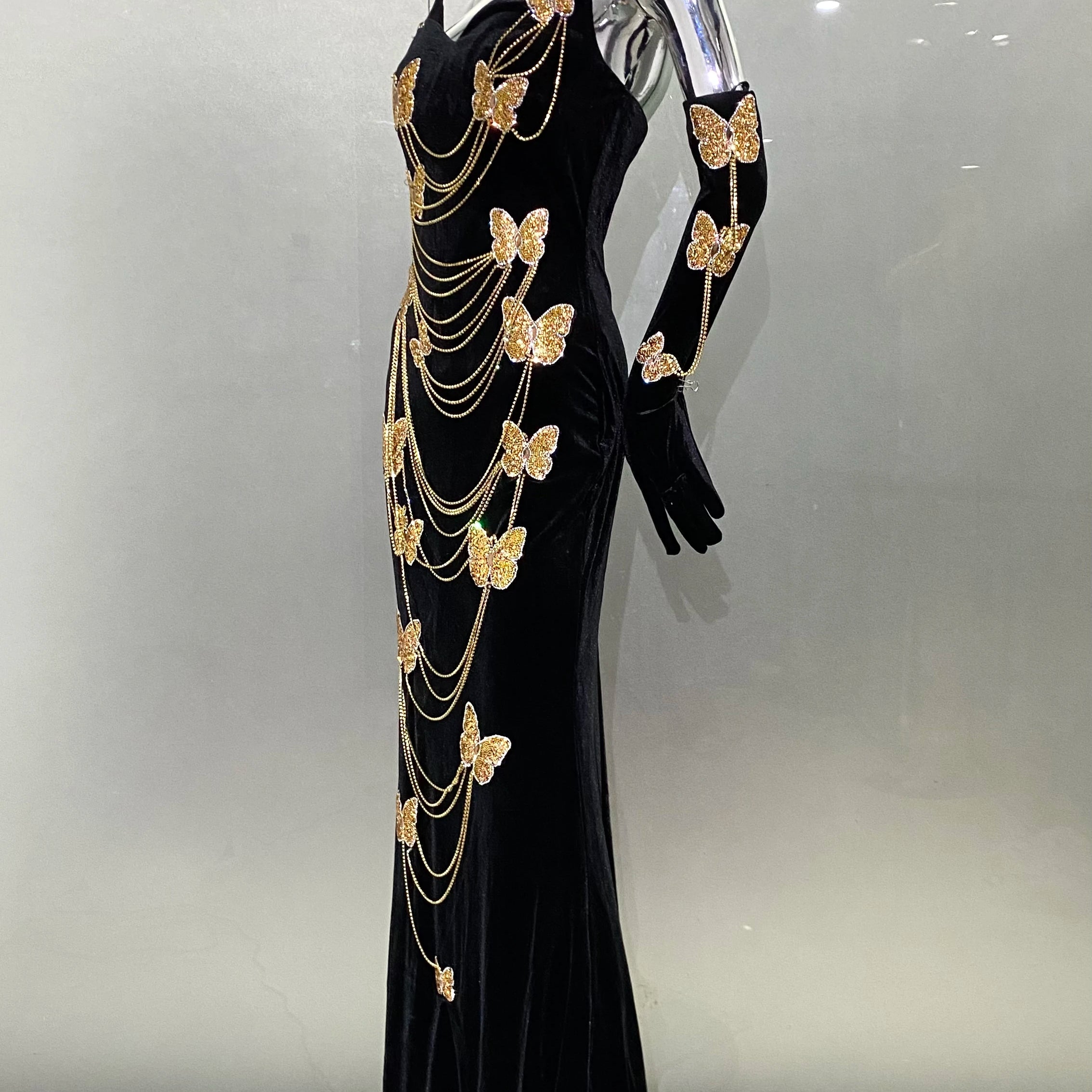Fashionable Gloves Gold Shining Diamond Butterfly Strapless Black Long Dress Celebrity Luxury Evening Dress Performance costume