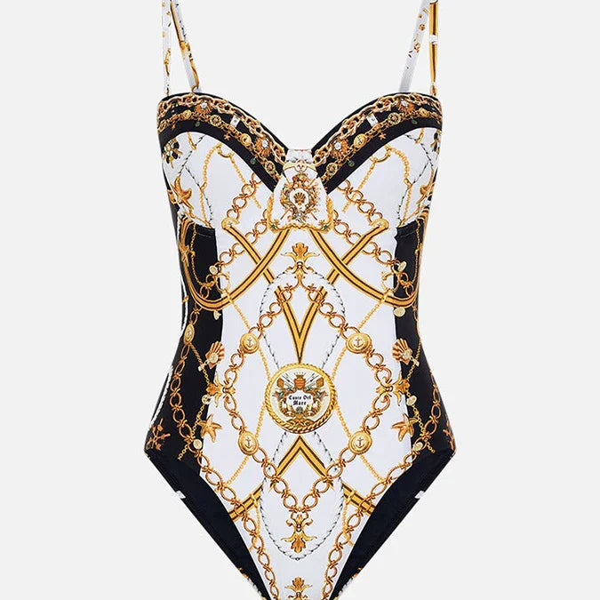 Courtl Vintage Gold Print One-piece Bikini Swimwear Costume Sexy Fashion Slim Fit Swimsuit With Long Trousers Beach Holiday 2024 Blue