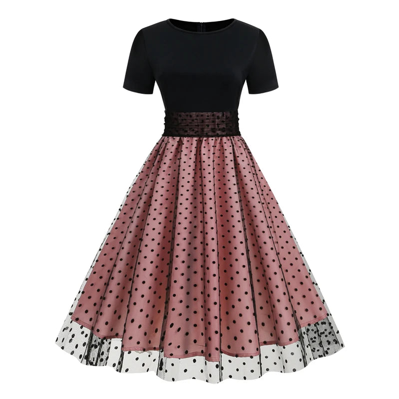 Tonval Round Neck Ruched High Waist Vintage Dot Mesh Overlay Pleated Dress Women Short Sleeve Evening Elegant Party Midi Dresses Pink