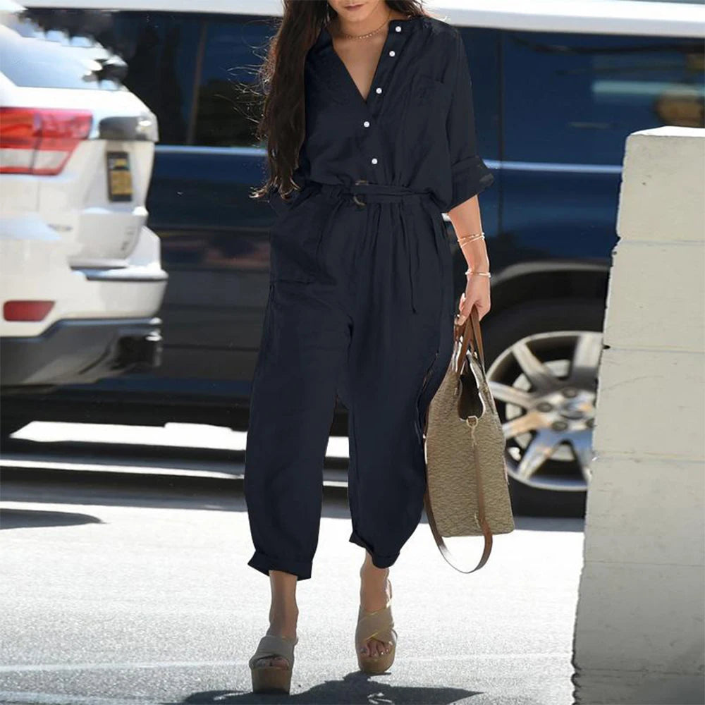 Autumn New Women Jumpsuit Casual Long-sleeve Cotton And Linen Pockets Elastic Jumpsuit+Belt 2PCS Set Solid Retro One-piece Pants Black