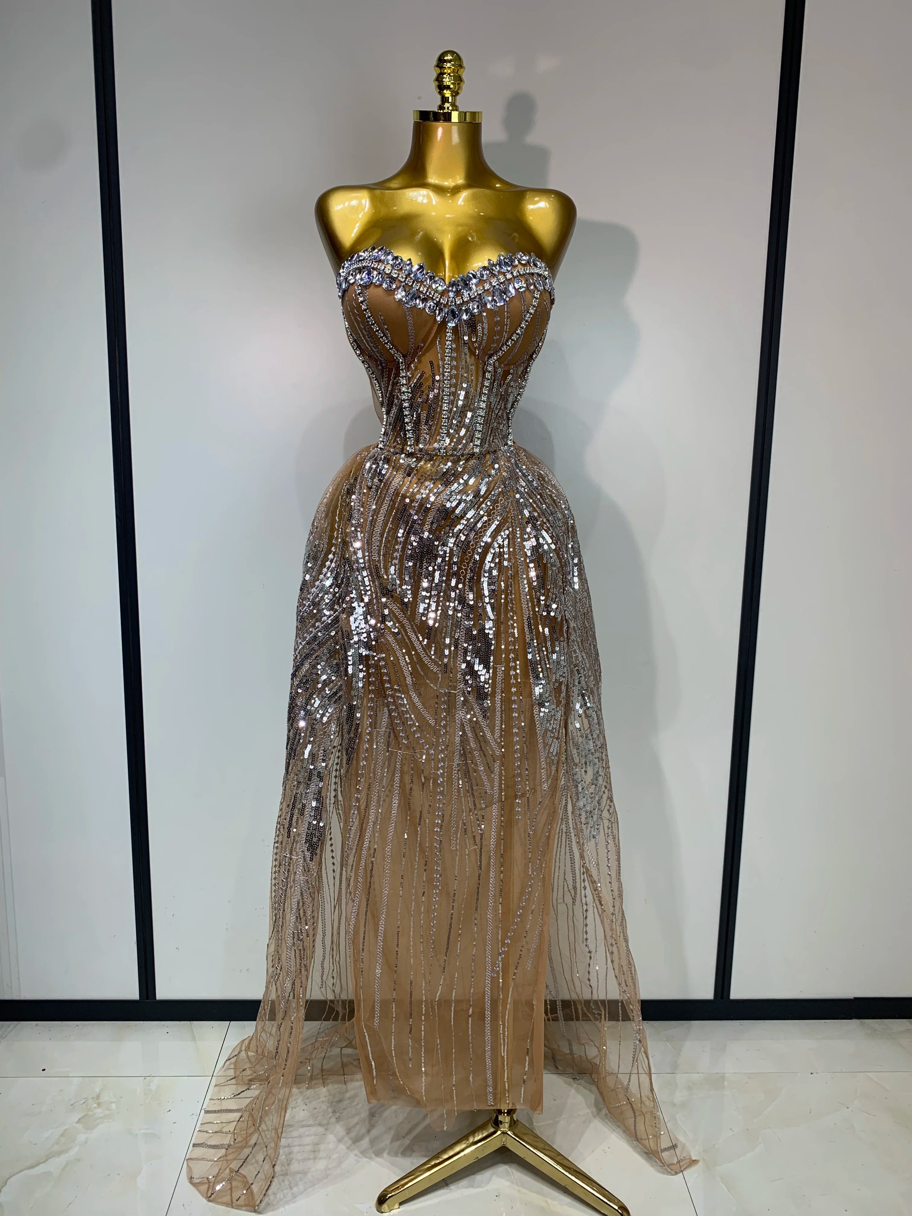 Women Sexy Strapless Mesh See Through Crystal Maxi Dress Evening Party Singer Stage Performance Costume Luxury Birthday Dress