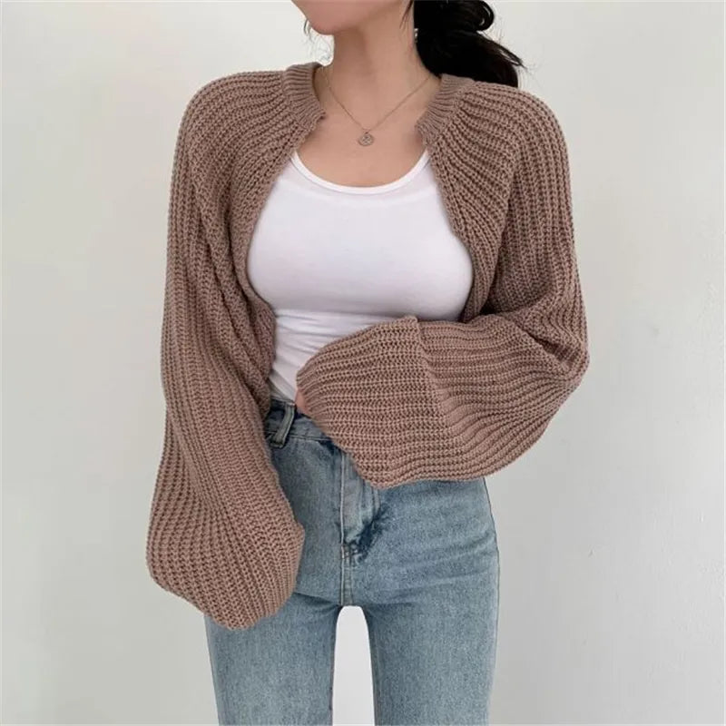 Chic Korean Fashion Short Cardigans Knitted Poncho Women Summer Elegant Vintage Minimalist Lady Tops Khaki One Size