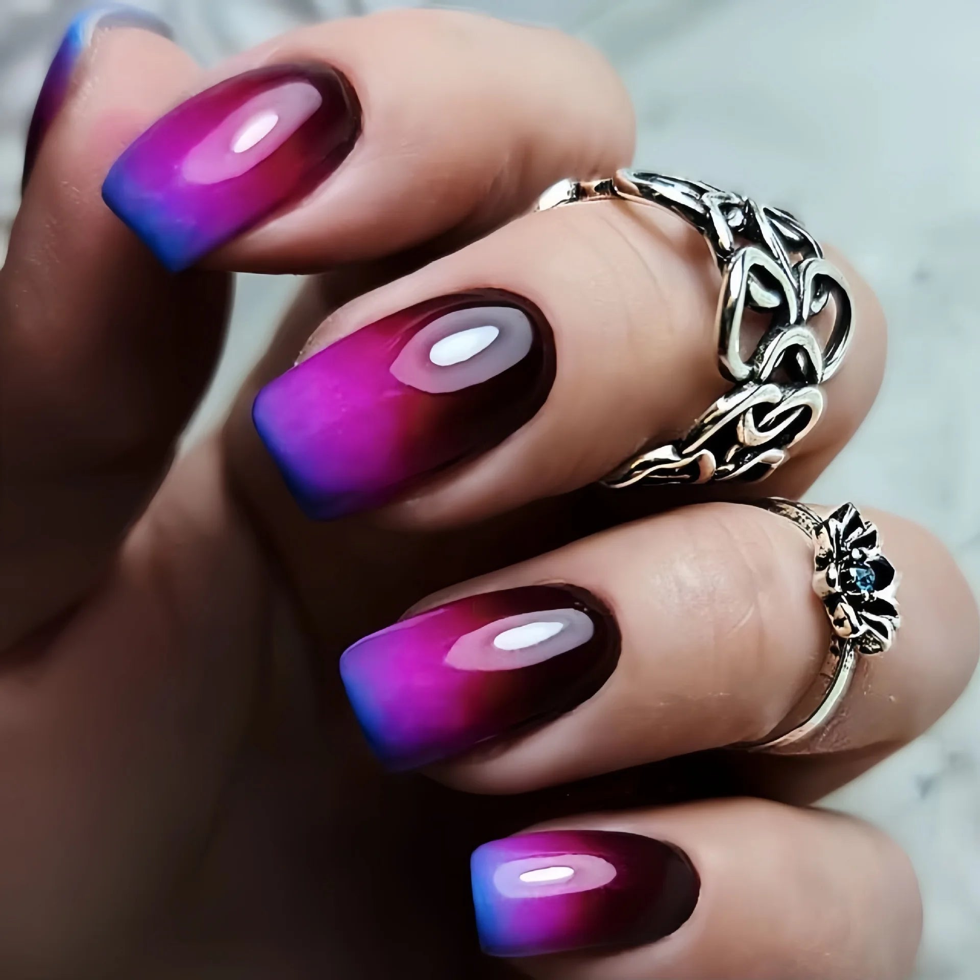 24pcs/set short Medium quare Glossy Ballerina Fake Nails jellyfish blue sea wave flowers geometric design press on false nails