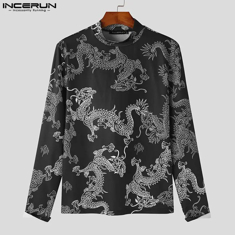 American Style Fashion Men Retro Dragon Totem Pattern T-shirts Casual Personalized Long Sleeved Camiseta S-5XL