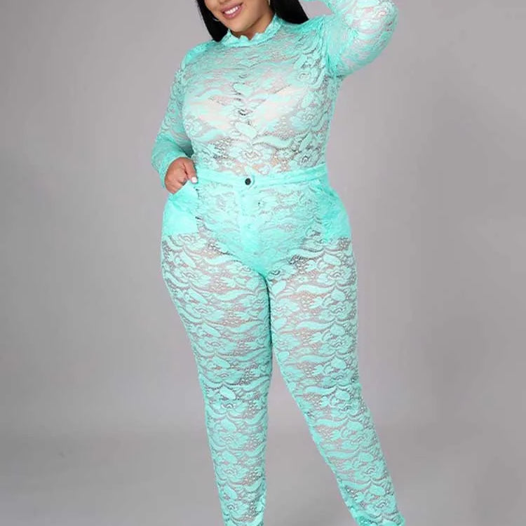 Chic and Elegant Woman Set Night Club Wear Plus Size Women Hot Outfit Transparent Lace Bodysuit and Pants Sexy Festival Outfit