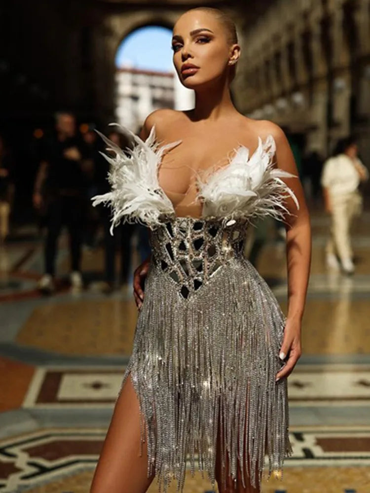 Women Summer Sexy Strapless Backless Mirror Feather Diamonds Sparkly Mini Bodycon Dress 2024 Elegant Evening Party Dress Vestido