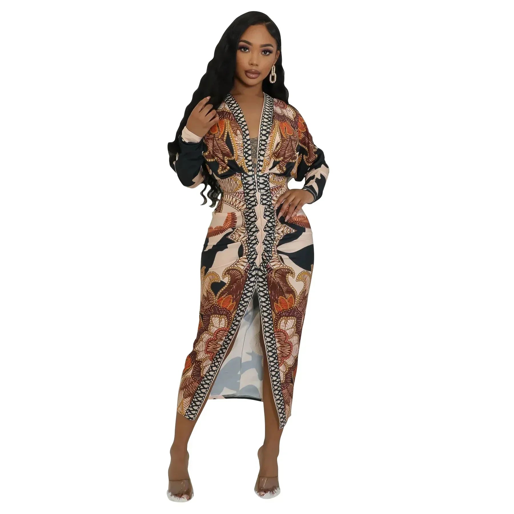 CM.YAYA 2024 Autumn V-neck Ruched Stacked Midi Dress Women Full Sleeve Print Bodycon Night Club Party Bandage Dresses Vestidos