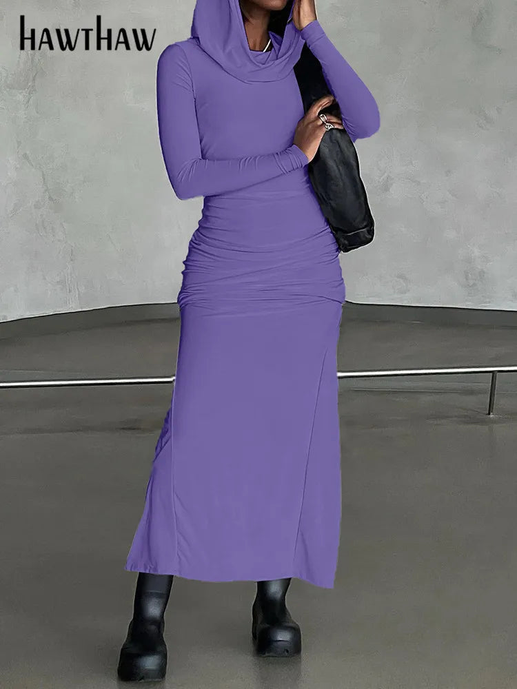 Women 2024 Autumn Winter Fashion Long Sleeve Streetwear Hooded Bodycon Long Dress Wholesale Items For Business