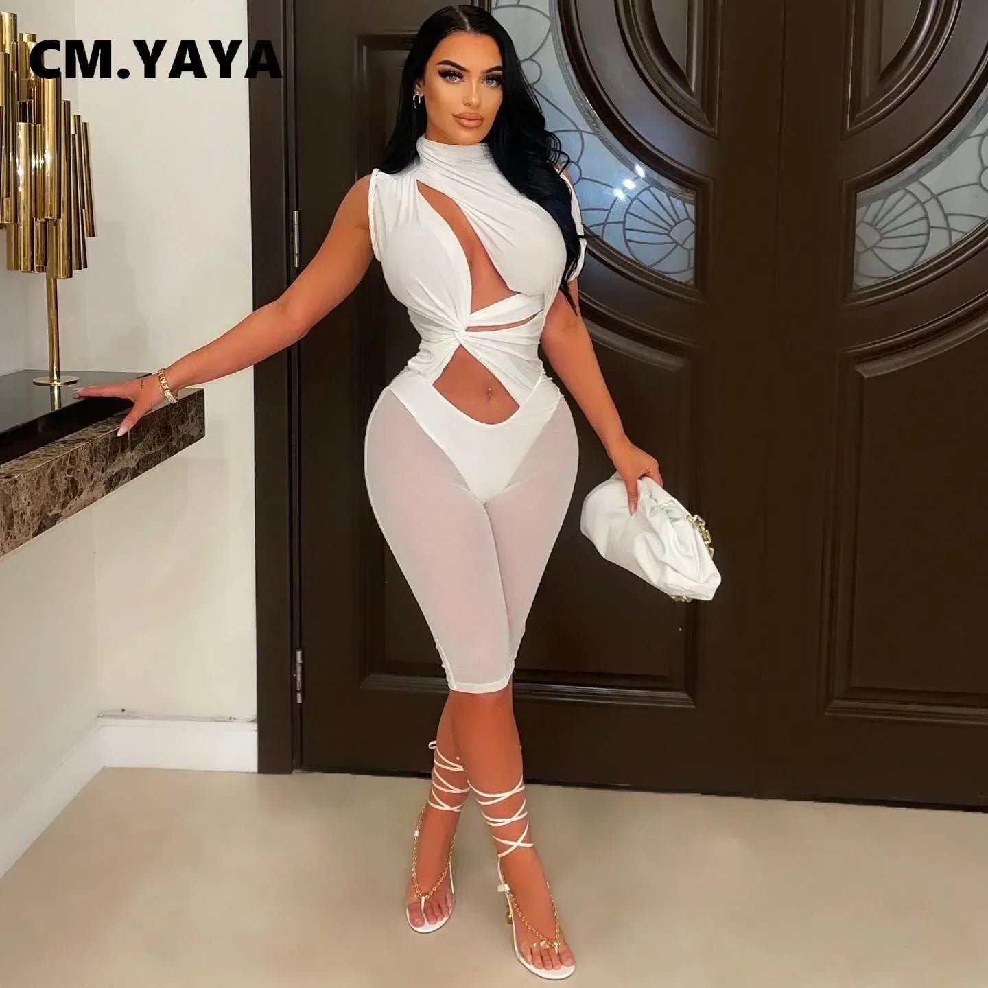 CMYAYA Women 2022 Sexy Party Playsuit Cut Out Mesh Patchwork Tie Waist Stretch Knee Length Jumpsuit Oversized One Piece Set WHITE