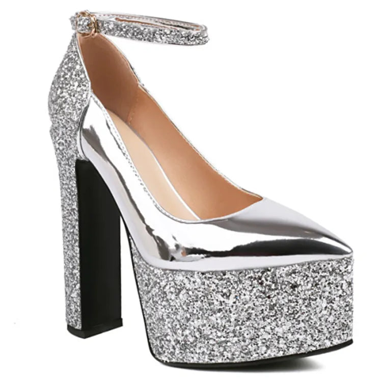 Women's Thick Soles High Heels Fashion Sequins Pointed Elegant Platform Women's Banquet Wedding Party Women's Shoes 55- silvery