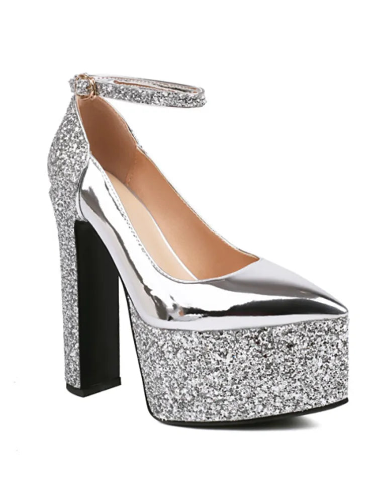 Women's Thick Soles High Heels Fashion Sequins Pointed Elegant Platform Women's Banquet Wedding Party Women's Shoes 55- silvery