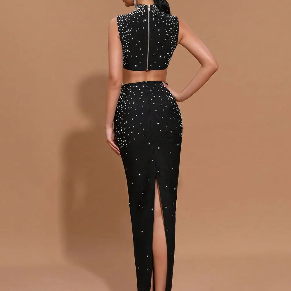 2025 Sexy Women'S Light Luxury Hot Stamping Design Long Skirt Bandage Set O-Neck Sleeveless Ultra Short Top+Skirt Two-Piece Set