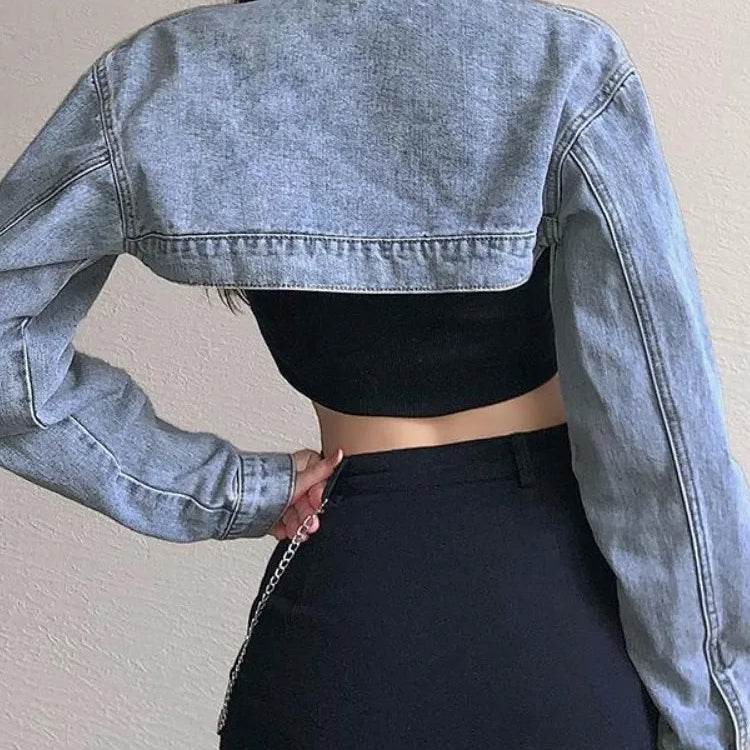 Deeptown Vintage Long Sleeve Crop Denim Jacket Women Fashion Jeans Bomber Jackets Cardigan Coat Spring Casual Coats Clothes