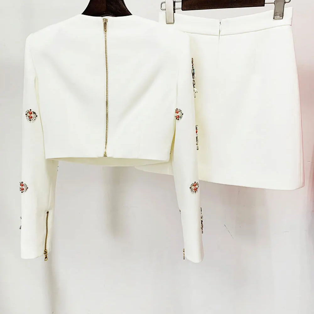 2024 New Elegant Women's Light Luxury Nail Bead Short Skirt Set O-neck Long Sleeve Ultra Short Top+Mini Skirt Two piece Set