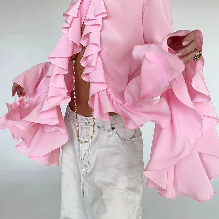 Mnealways18 Chiffon White Ruffled Shirts For Women Flare Sleeve Oversize Laminated Flounces Elegant Blouses And Tops Spring 2024