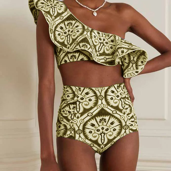 Women's Printed Ruffle Swimsuit Fashion One Shoulder Slash Breasted Bikini Two Piece High Waisted Tummy Tuck Beachwear 2023 New Ivory