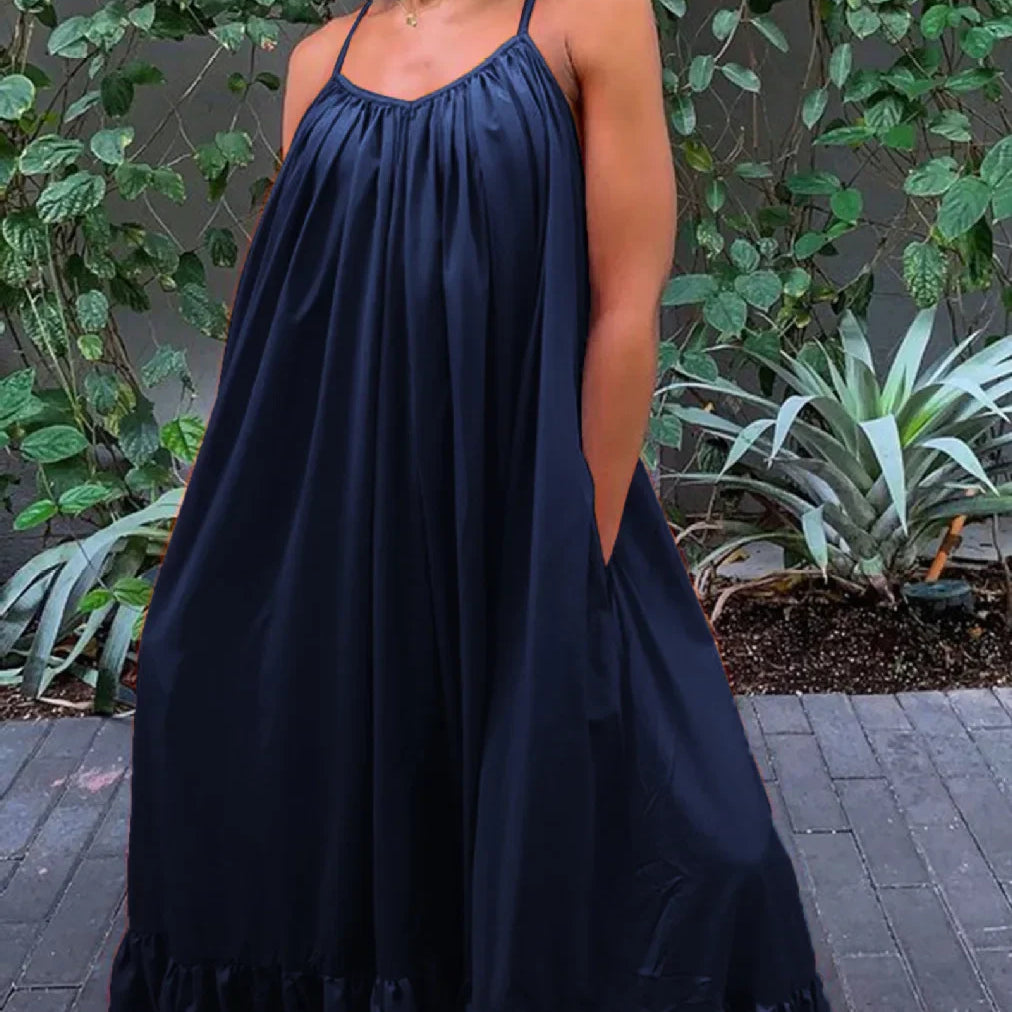 CMYAYA Women Summer Long Maxi Dress Sexy Sleeveless Strap Loose Beach Party Night Club Bandage Female S-5XL Dresses Vestido DEEP BLUE