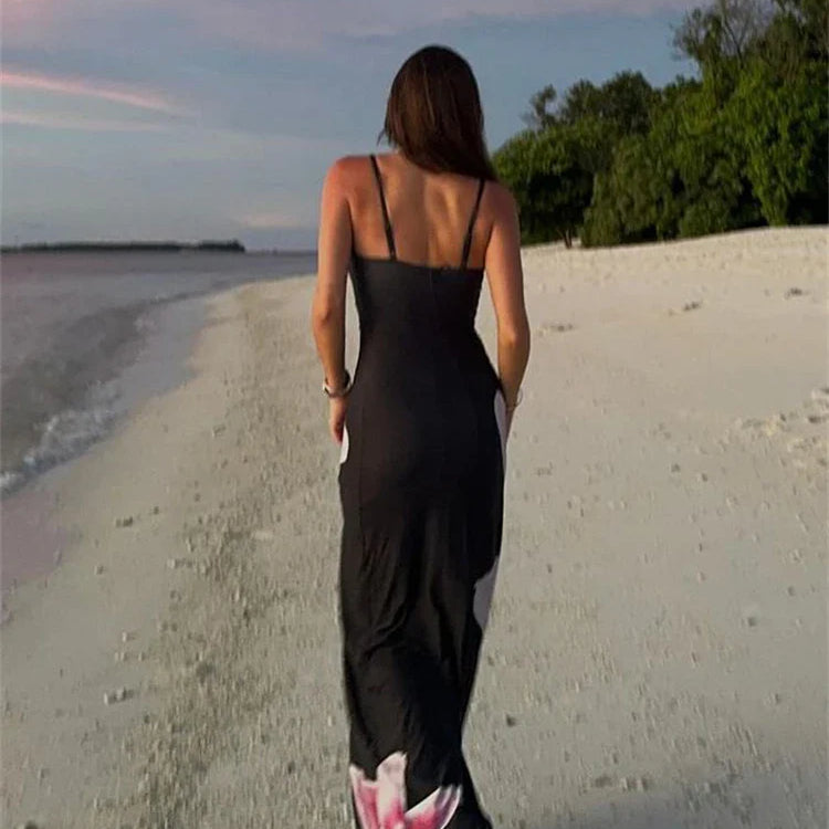 Tossy Contrast Spaghetti Slim Maxi Dress Female Printed Off-Shoulder Fashion Holiday Beach Dress Patchwork Summer Party Dress