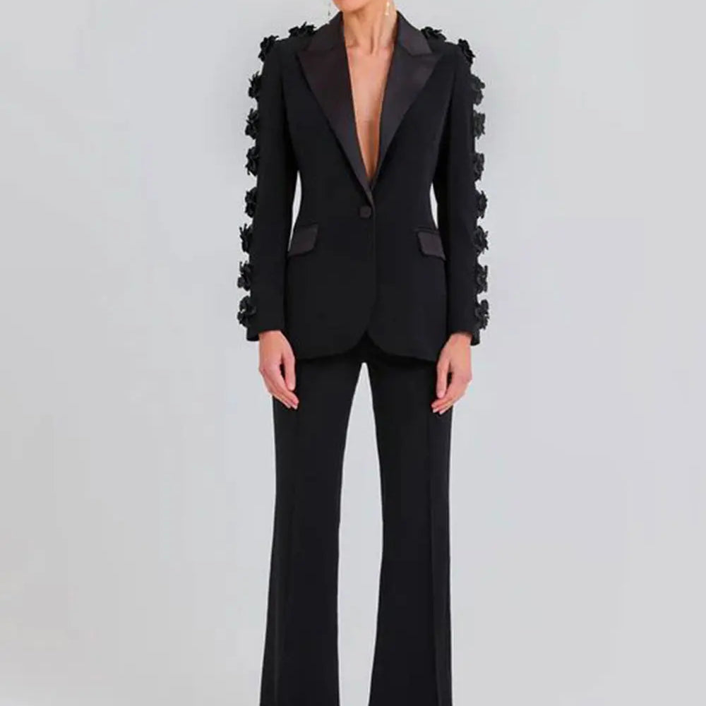 2024  Women Suit Pants Set with Collar, Long Sleeve, Three Dimensional Flower Decoration, Slim Fit Suit Coat+Two Piece Pants Set