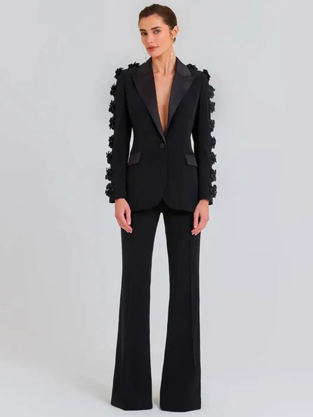 2024  Women Suit Pants Set with Collar, Long Sleeve, Three Dimensional Flower Decoration, Slim Fit Suit Coat+Two Piece Pants Set