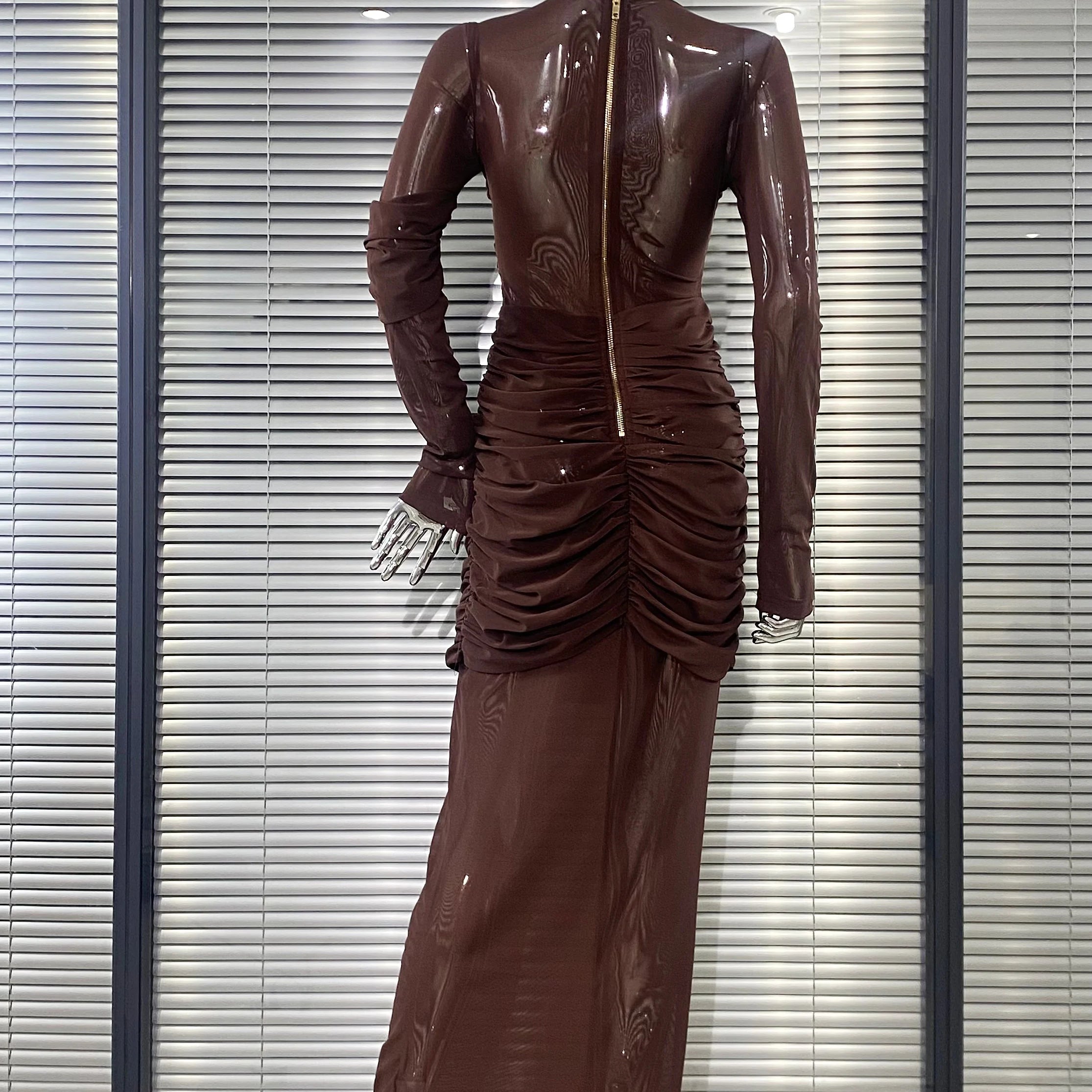 Chocolate Color Sexy See Through Mesh Sheath Ankle Length Dress Fashion Woman Evening Party Dress Holiday Vacation Outfit