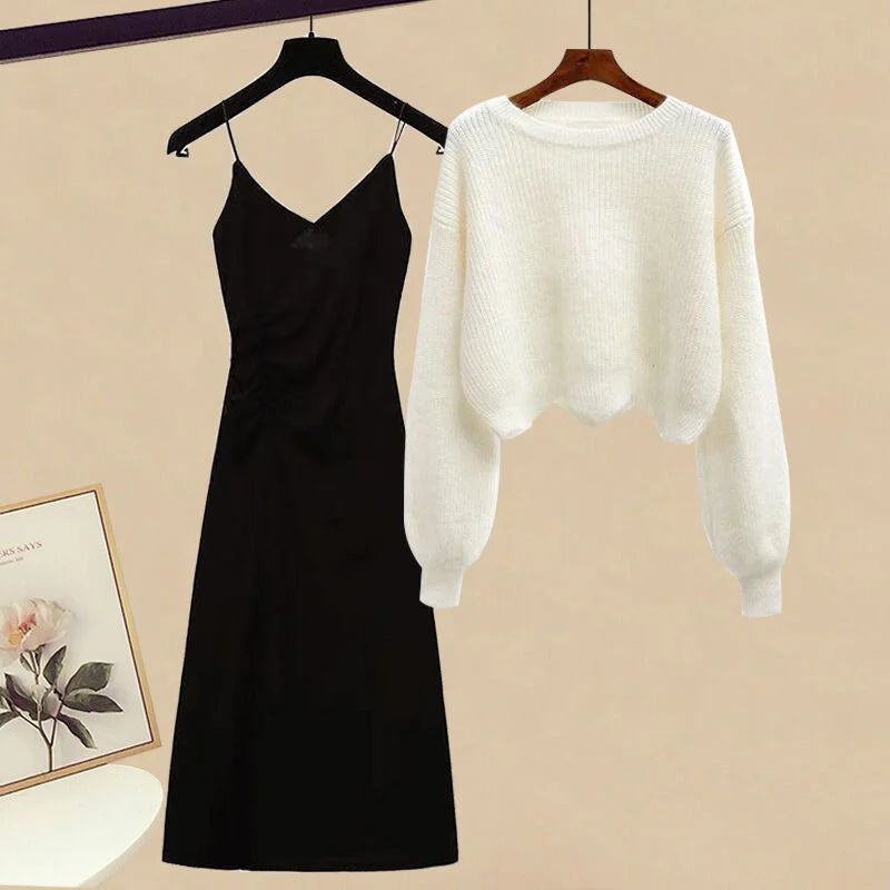 Women Spring Two Pieces Sets Korean Long Sleeve Knitted Sweater Cardigan And Ruffles Patchwork Mesh Long Dress Suit picture