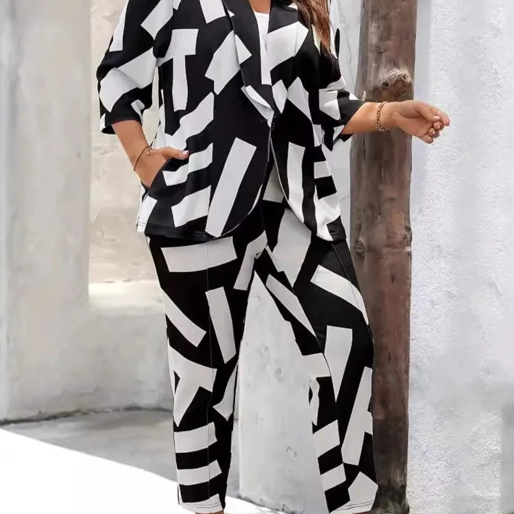 Plus Size Autumn Graffiti Print 2 Two Piece Set Women Long Sleeve Modis Ladies Blazer Suits Casual High Waist Woman Pencil Pants