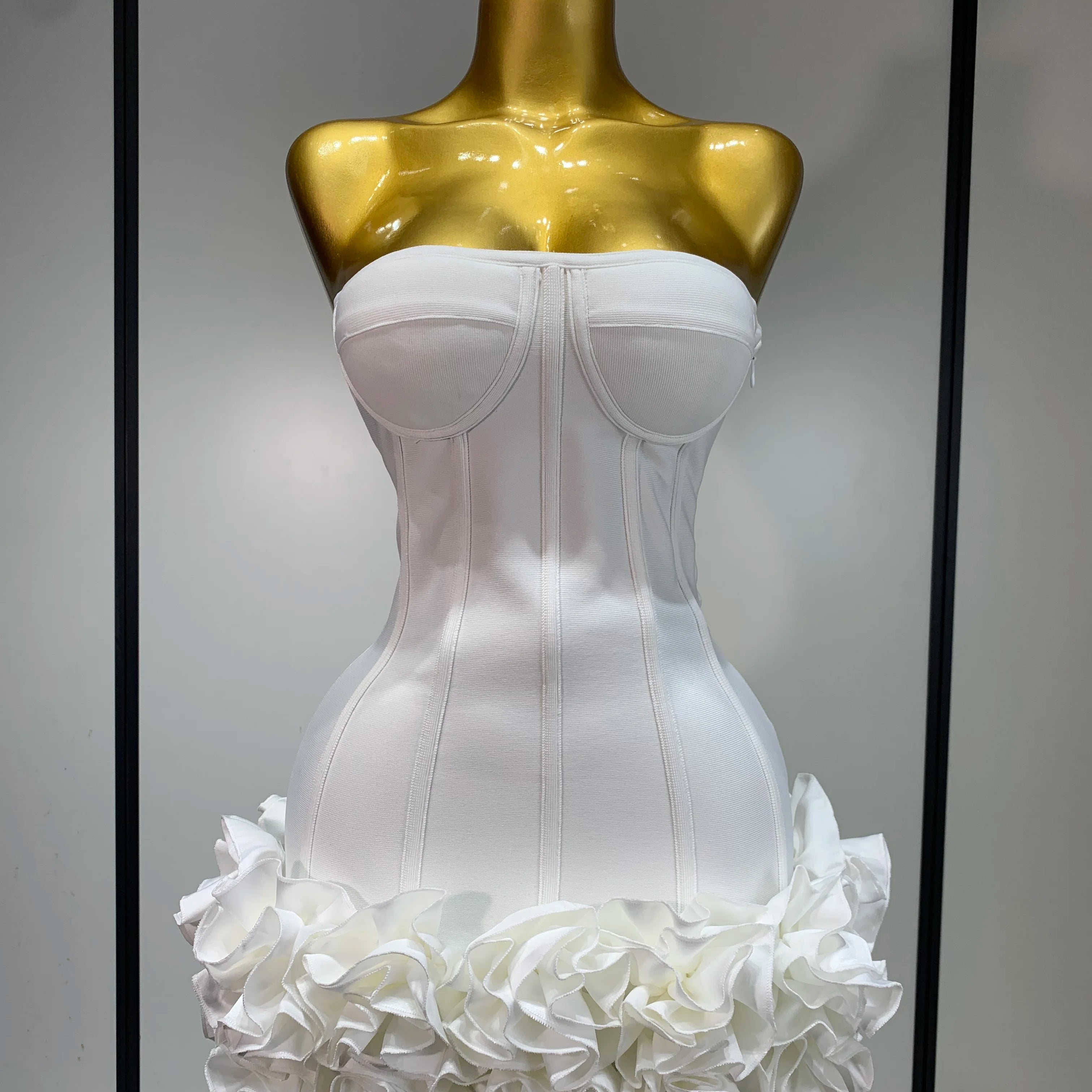 Women Evening Bandage Dress Strapless Bodycon Flowers Mini Celebrity Sexy Birthday Party Dresses Photo Shoot Nightclub Outfit