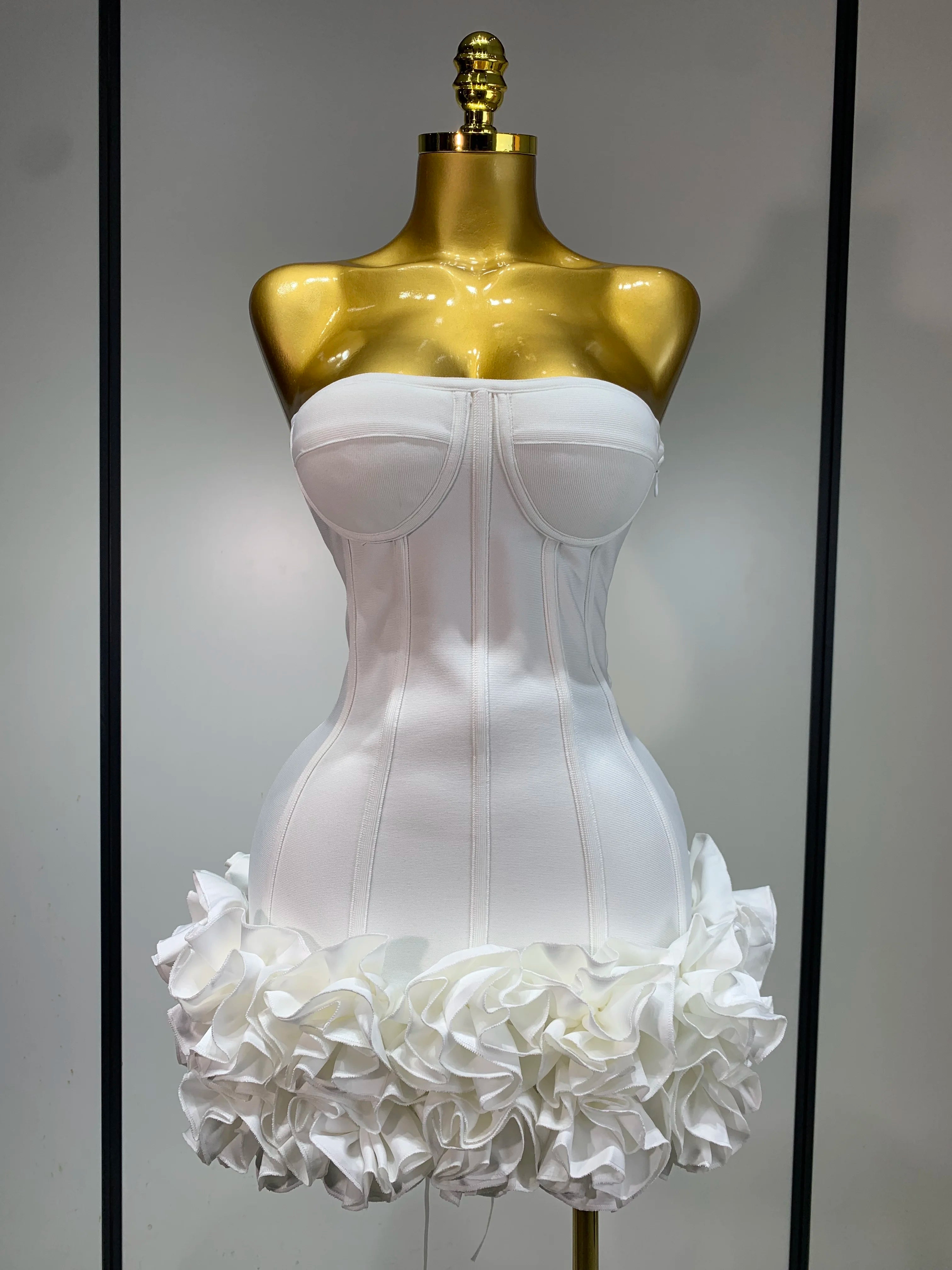 Women Evening Bandage Dress Strapless Bodycon Flowers Mini Celebrity Sexy Birthday Party Dresses Photo Shoot Nightclub Outfit