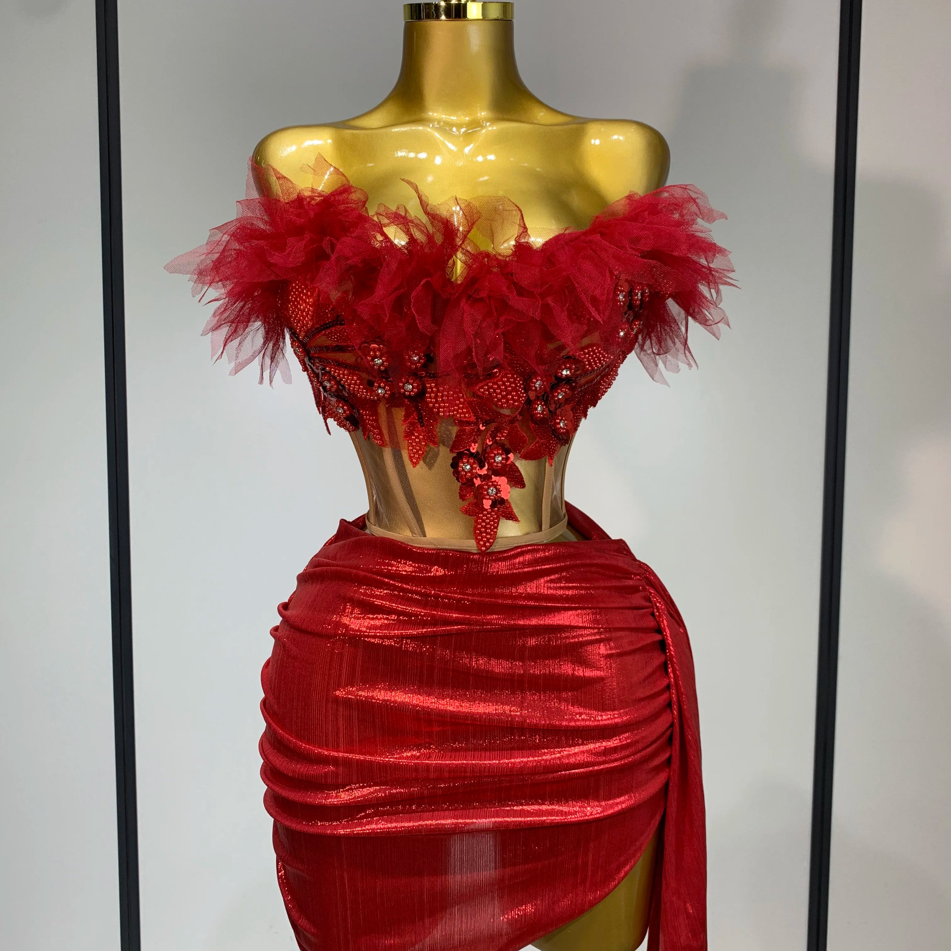 Women Sexy Two Pieces Set Beading Bodycon Mini Dress Nightclub Evening Party Celebrate Birthday Bar Singer Performance Costume