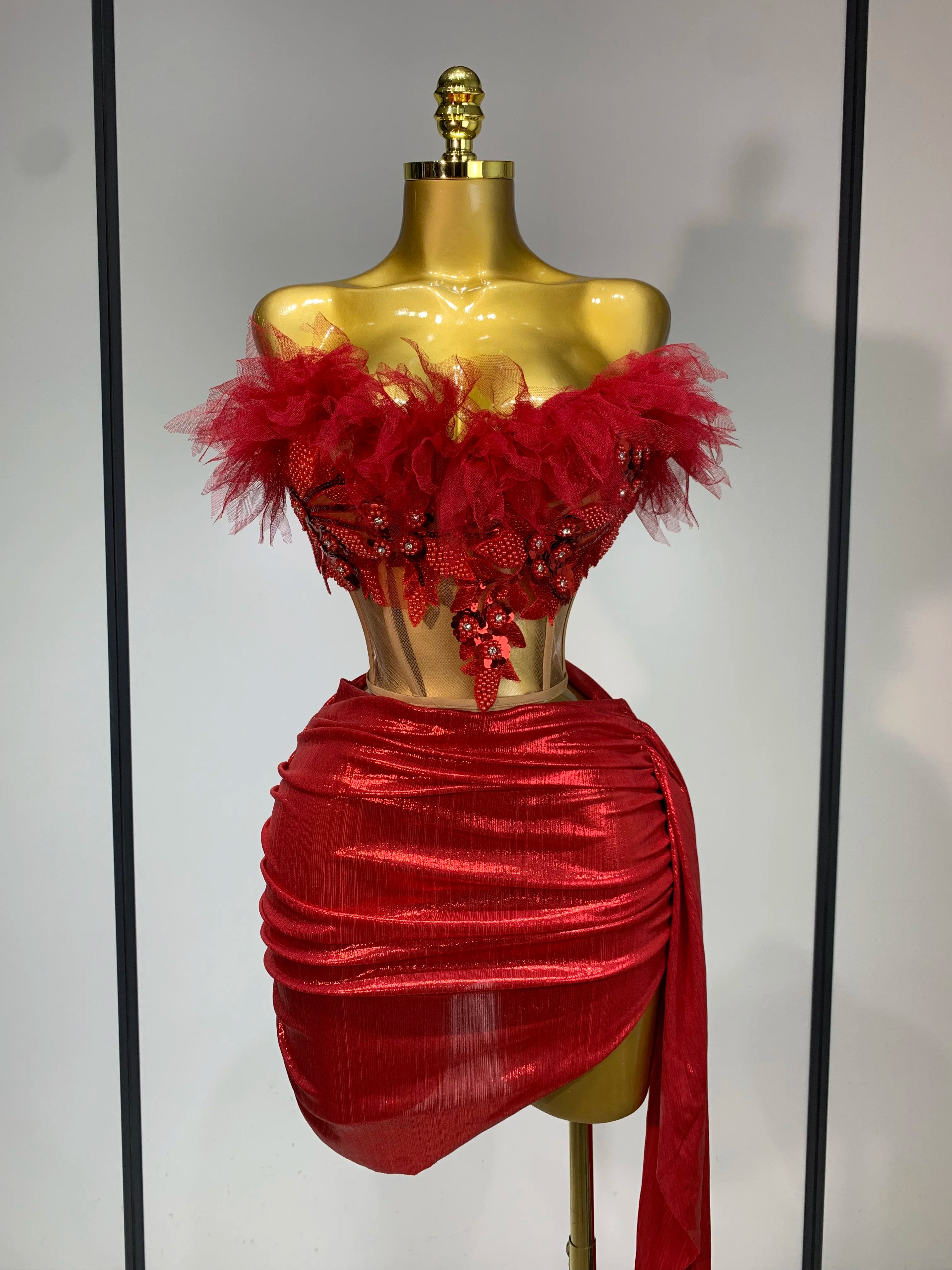 Women Sexy Two Pieces Set Beading Bodycon Mini Dress Nightclub Evening Party Celebrate Birthday Bar Singer Performance Costume