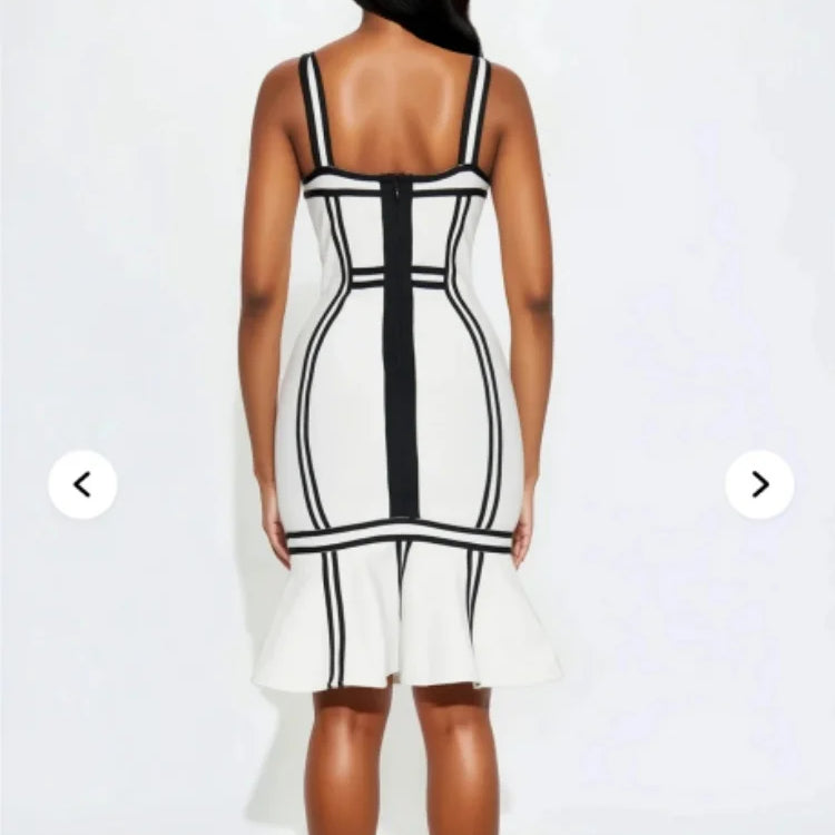 New Arrival Women Sleeveless Sexy Square Collar Patchwork Bodycon Bandage Midi Dress Nightclub Party Celebrate Birthday Outfit