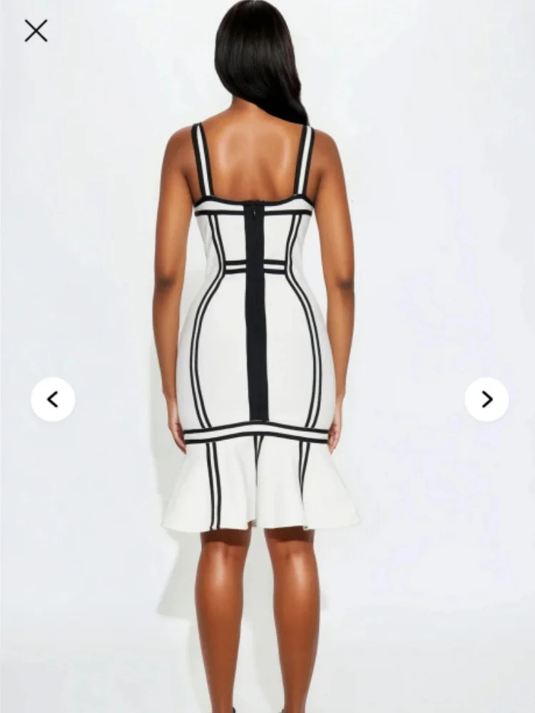 New Arrival Women Sleeveless Sexy Square Collar Patchwork Bodycon Bandage Midi Dress Nightclub Party Celebrate Birthday Outfit