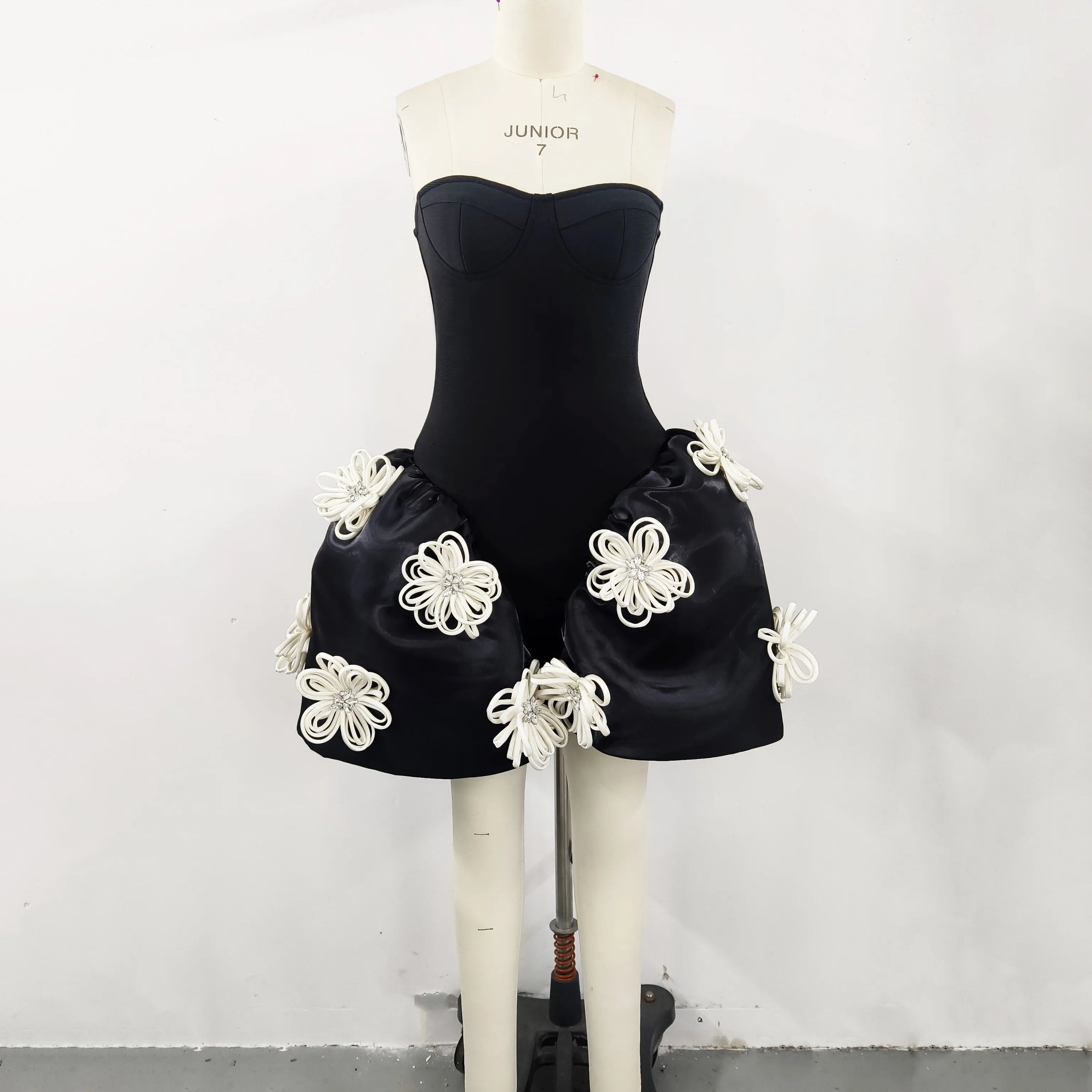 Vestido de baile floral sem alças, sexy, preto, feminino, mini vestido de bandagem, moda festa de aniversário, comemoração, vestido de noite