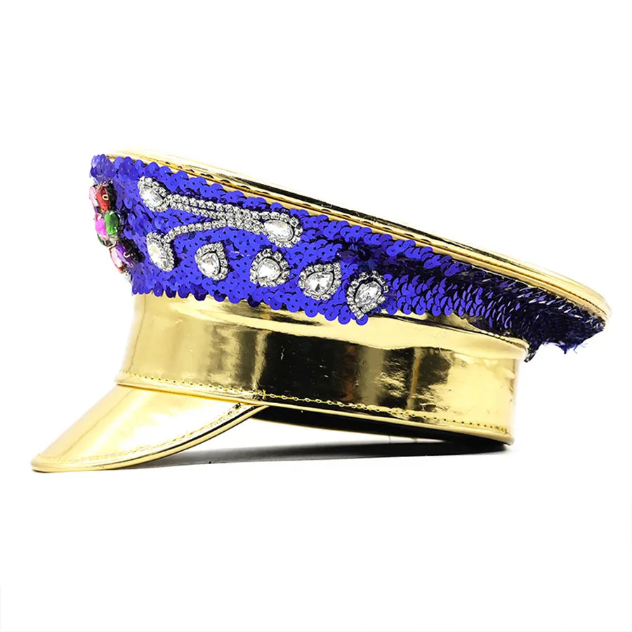 Women Gold Sequin Burning Bride Military Hat Luxury Bridal Captain Sergeant Hat Octagonal Rhinestone Festival Birthday Part Hat