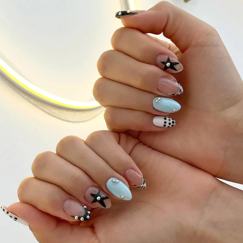 24Pcs Short Almond Press on False Nails French Black Stripe Polka Dot Fake Nails with Star Pearl Reusable Full Cover Nails Tips
