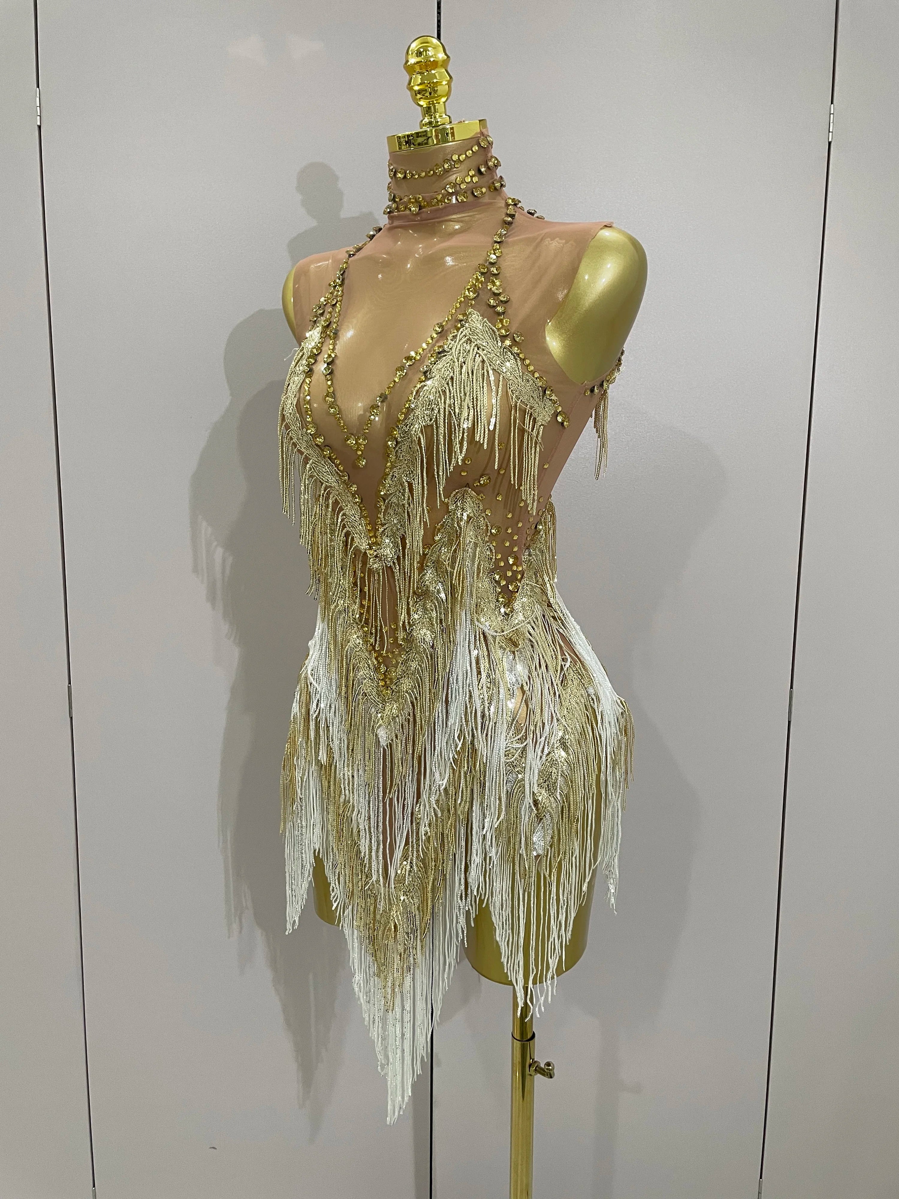 Stock 2025 Women Sexy Stretch Mesh Sparkly Rhinestone Tassels Mini Dress Nightclub Singer Dance Stage Costume Evening Gowns