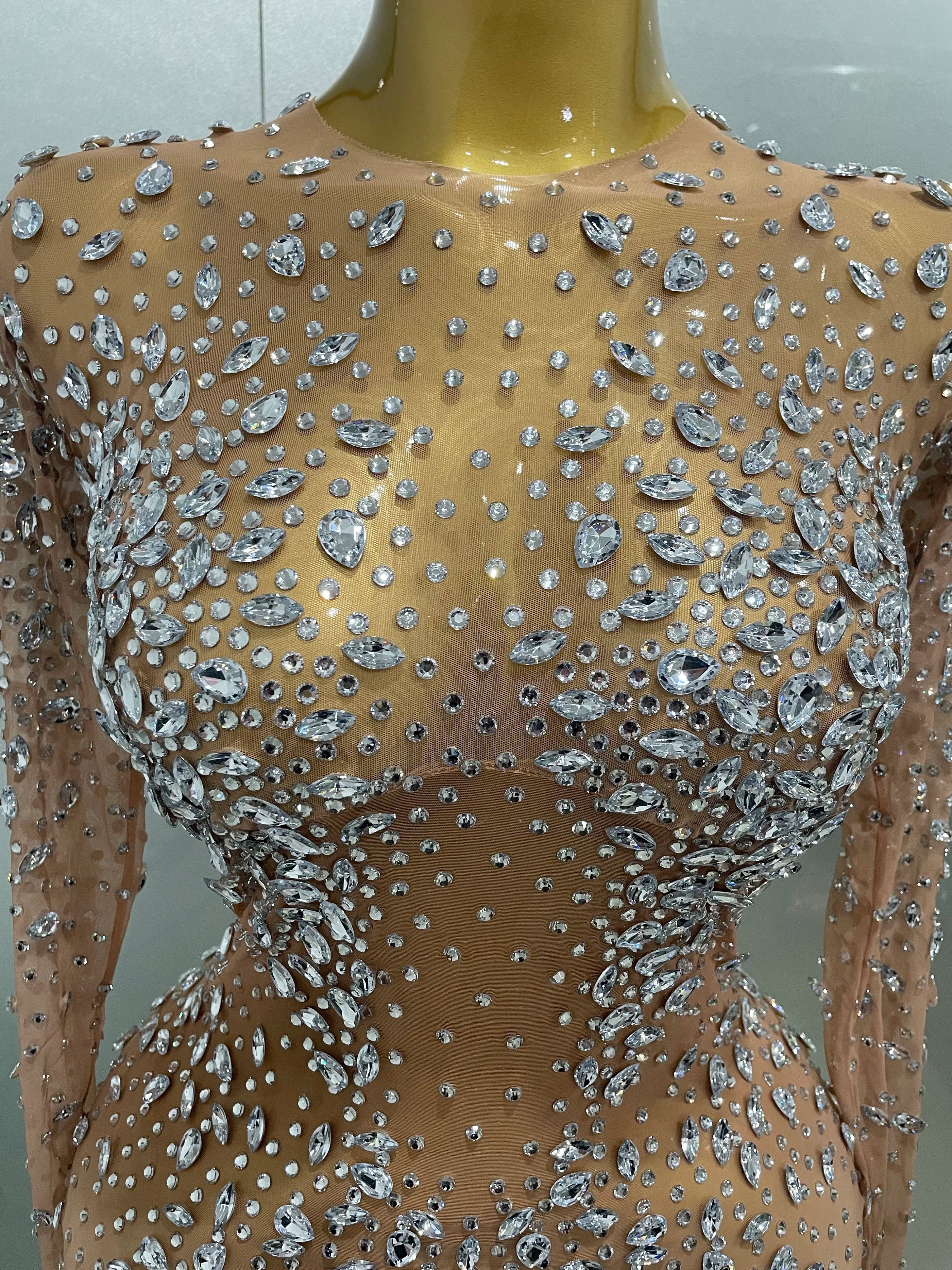 Sexy Shinny Rhinestone Stretch Mesh Transparent Long Dress 2025New Women Evening Birthday Party Prom Nightclub Singer Stage Wear