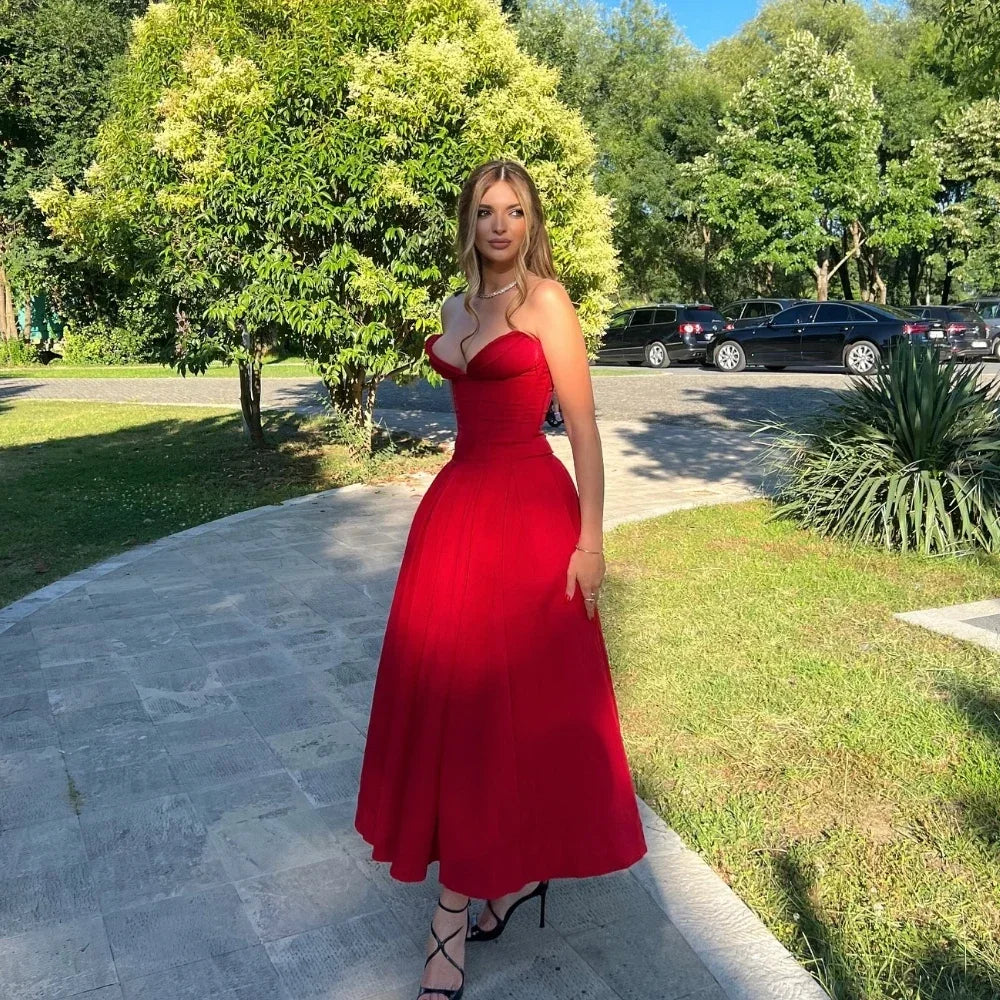 Suninheart Summer Formal Occasion Strapless Dress Sexy Elegant Fit and Flare Birthday Party Dresses Red Women's Clothing