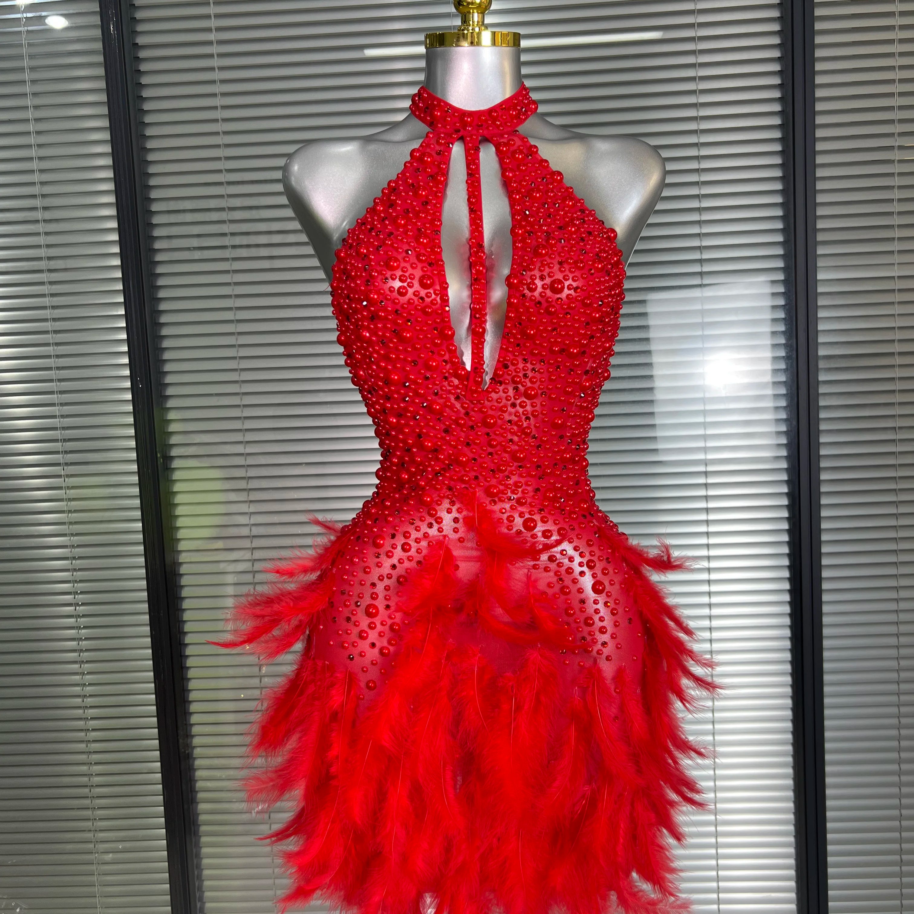 Women Sexy Backless Mesh Crystal Diamonds Feathers Performance Costume Stage Dancer Mini Stretchy Night Club Party Dress