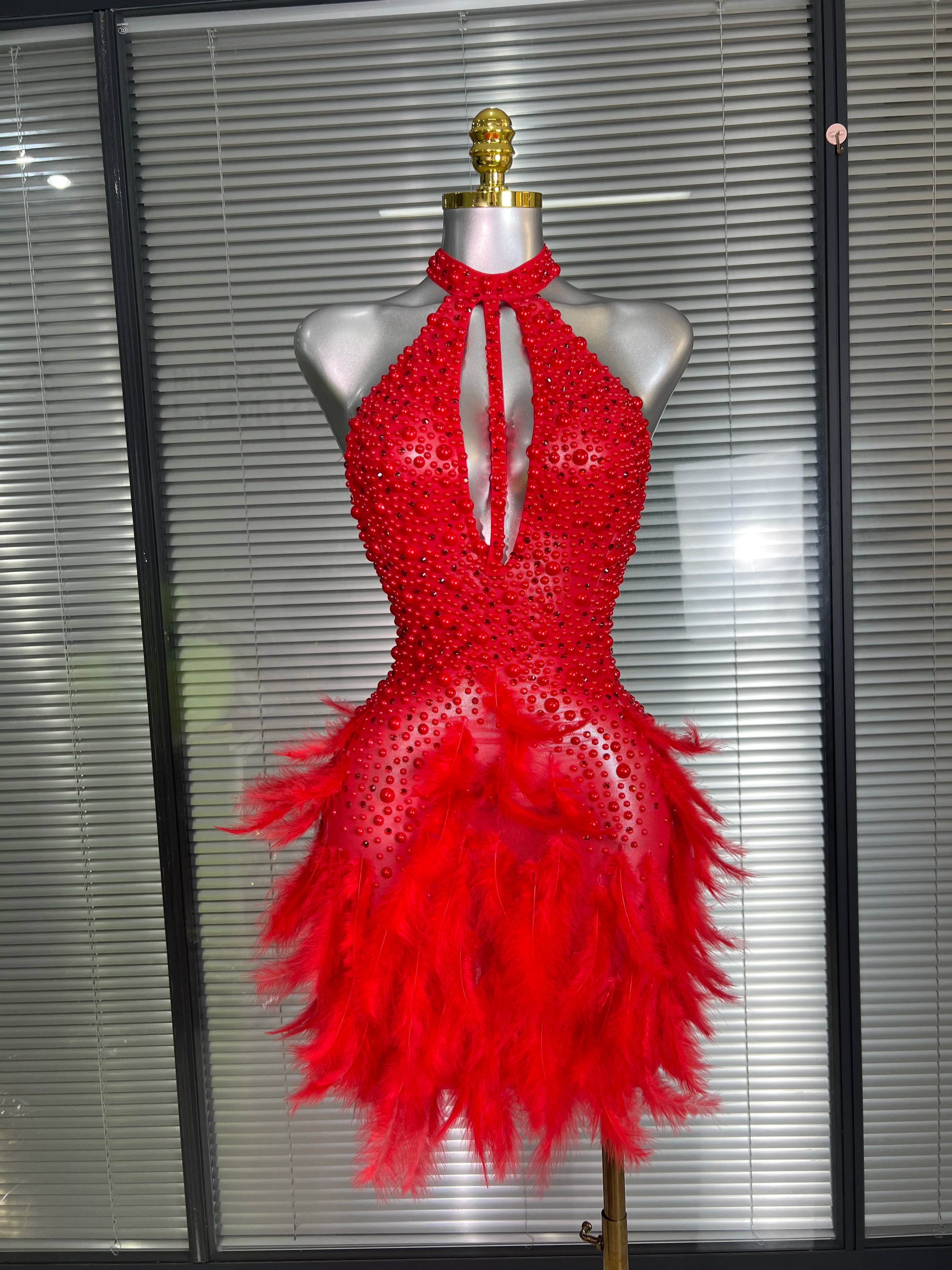 Women Sexy White Backless Mesh Crystal Diamonds Feathers Performance Costume Stage Dancer Mini Stretchy Night Club Party Dress