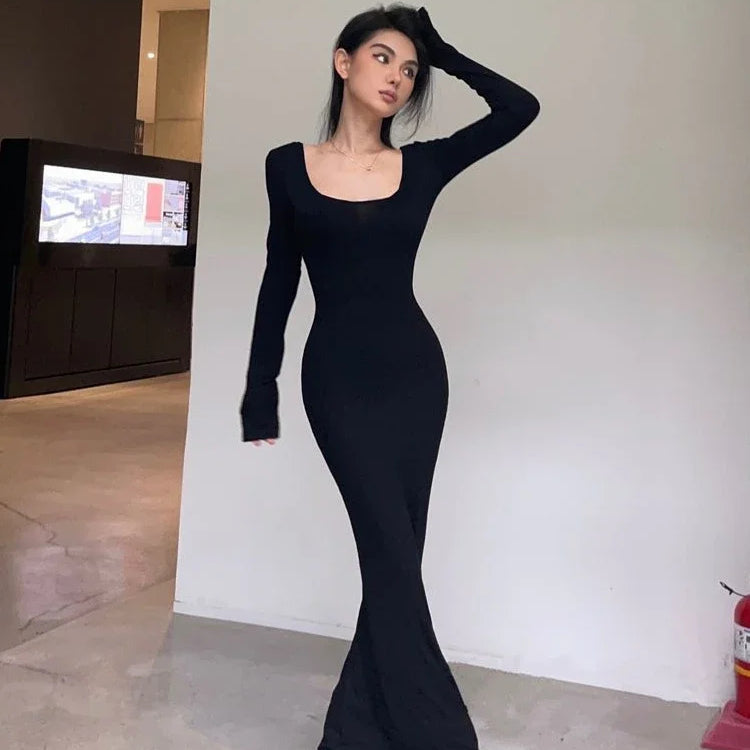 Y2K Sexy Black Dress Women Vintage Wrap Slim Bodycon Long Dresses Party Evening Square Collar Fashion Spring Outfits