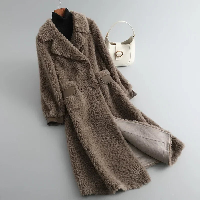 High Street Wool Fur Jacket Women Clothes Warm Fur Coat Women Winter Fashion Mid Length Sheep Shearling Fur Jackets for Women Zm Light Brown